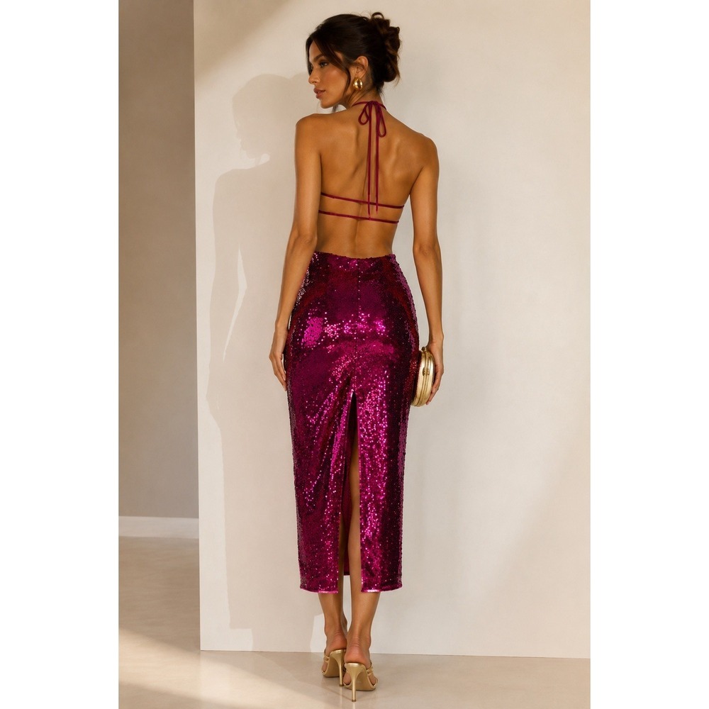Cult Gaia Tasmina Anemone Pink Sequin Halter Open Back Party Cocktail Dress M - Picture 2 of 8
